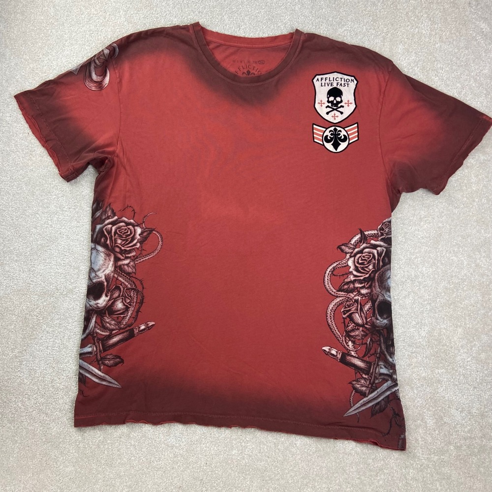 Affliction T Shirt Mens 3XL Red Skull Graphic Distressed Live Fast Crewneck